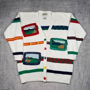 Leonard Sport Sweater Mens Large White Vintage 90s Golf Cardigan Striped Knit